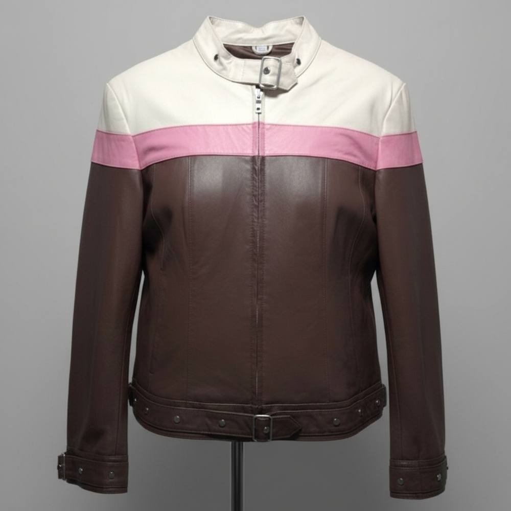 Pam McCoy Color Block Stud & Buckles Moto Style Leather Jacket